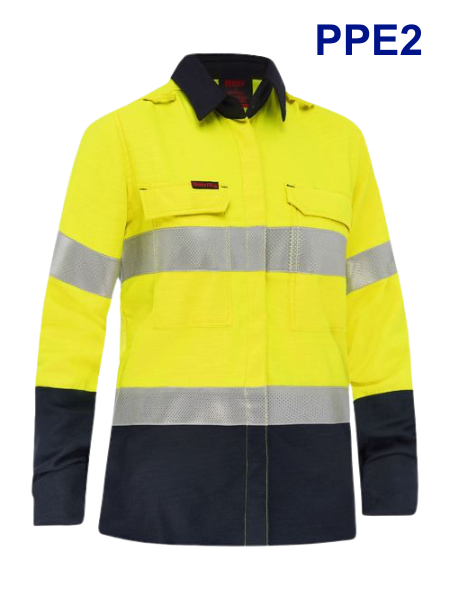 PPE2 Apex 185 Womens Taped Hi Vis FR 08 Yellow/Navy NZS Logoed Vented Shirt 